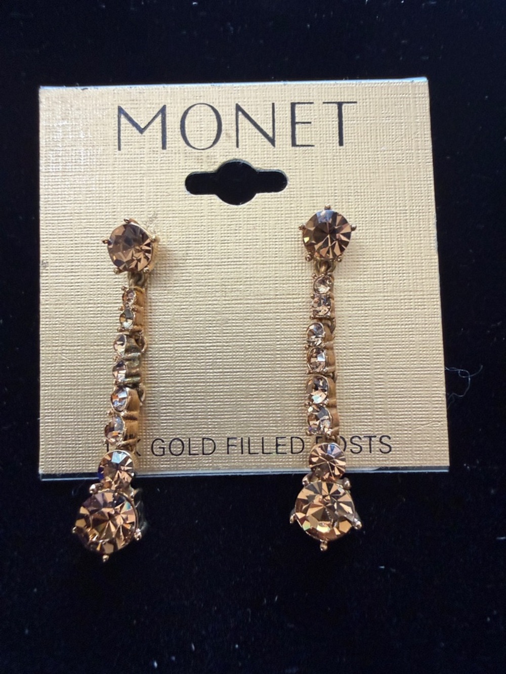 Monet Vintage Champagne Rhinestone drop dangle earring 14kt gold filled posts